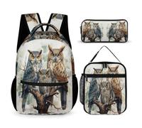 WECECE Owl Motif School Bag 3 Piece Set for Students 6-8 Years, Bird Theme Backpack with Lunch Box Pencil Case Year 4-6 for Primary Students Back to School Gift and Learning Essentials
