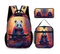 WECECE Panda School Backpack 3 Piece Set for Children Age 7, Animal Theme Schoolbag with Lunch Tote and Pencil Case Year 4-6 for Girls Back to School Gift and Learning Essentials
