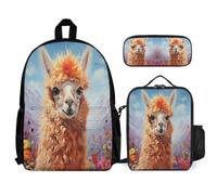 WECECE School Backpack Alpaca Motif 3 Piece Set with Lunch Tote Animal Theme Pencil Case for Kids 9-11 Years Year 4-5, Organised Carry Bundle for Learning and Outdoor Activities