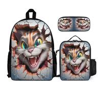 WECECE School Backpack Cat Motif with Lunch Tote Kitten 3D Theme and Pencil Case for Boys Girls 14-15 Years Year 9-10, Practical Carry Bundle for Outdoor Learning