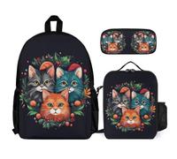 WECECE School Backpack Cat Set 3 Piece Bag Bundle with Backpack 3D Kitten Lunch Bag and Pencil Case for Teen Students 8-11 Years Year 8-10 Daily Carry
