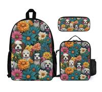 WECECE School Backpack Colourful Flowers Dog with Lunch Bag and Pencil Case for Kids Age 6, Bookbag Puppy Animal with Lunch Box Pencil Case Year 5-7 for Boys Family Trips and Activities
