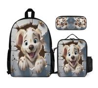 WECECE School Backpack Dog Print with Lunch Bag and Pencil Case for Kids Age 6, Bookbag Cute Puppy with Lunch Box Pencil Case Year 5-7 for Boys Family Trips and Activities