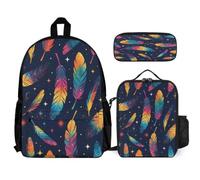 WECECE School Backpack Feather Print Set 3 Piece Bag Bundle with Backpack Colourful Lunch Bag and Pencil Case for Teen Students 8-11 Years Year 8-10 Daily Carry