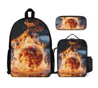 WECECE School Backpack Fire Basketball with Lunch Bag and Pencil Case for Children Age 7, Backpack Basketball 3 Piece Set Year 1 for Primary Students Daily Carry and Trips