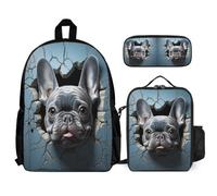 WECECE School Backpack French Bulldog Set with Lunch Tote and Pencil Case for Children Age 8, Backpack Dog Animal with Lunch Box Pencil Case Year 6 for Young Learners Sports Clubs and Holidays