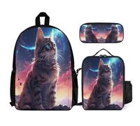 WECECE School Backpack Galaxy Cat with Pencil Case and Lunch Box Kitten for Students 8-10 Years Year 3-5, Organised School Carry Set for Sports Clubs