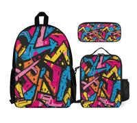 WECECE School Backpack Graffiti with Lunch Bag and Pencil Case for Boys Age 9, Backpack Memphis Style with Lunch Tote and Pencil Case Year 4-6 for Primary Students Sports Clubs Holidays