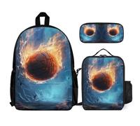 WECECE School Backpack Ice and Fire Basketball 3 Piece Set with Lunch Tote Basketball Pencil Case for Kids 9-11 Years Year 4-5, Organised Carry Bundle for Learning and Outdoor Activities