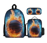 WECECE School Backpack Ice and Fire Basketball Set with Pencil Case and Lunch Tote Basketball for Teen Boys Girls 13-15 Years Year 8-10, Student Gear for Daily Lessons