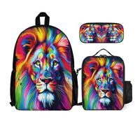 WECECE School Backpack Lion Motif Set 3 Piece Bag Bundle with Backpack Animal King Lunch Bag and Pencil Case for Teen Students 8-11 Years Year 8-10 Daily Carry