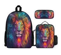 WECECE School Backpack Lion Motif with Lunch Bag and Pencil Case for Boys Age 9, Backpack Animal Print with Lunch Tote and Pencil Case Year 4-6 for Primary Students Sports Clubs Holidays