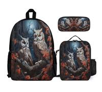 WECECE School Backpack Owl 3 Piece Set with Lunch Tote Bird Theme Pencil Case for Kids 9-11 Years Year 4-5, Organised Carry Bundle for Learning and Outdoor Activities
