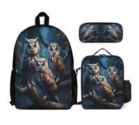 WECECE School Backpack Owl with Lunch Bag and Pencil Case for Kids Age 6, Bookbag Bird Theme with Lunch Box Pencil Case Year 5-7 for Boys Family Trips and Activities