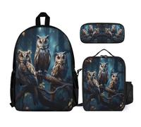 WECECE School Backpack Owl with Lunch Box Pencil Case for Boys 6-8 Years Backpack Bird Theme School Supplies Bundle Year 3 for Young Learners Outdoor Learning and Travel