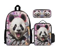 WECECE School Backpack Panda Print Set with Lunch Bag Pencil Case 3D Animal Crack 3 Pieces for Boys Girls 10-12 Years Year 5-6, Matching Student Gear for Outdoor Learning and Sports
