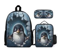 WECECE School Backpack Penguin with Lunch Bag and Pencil Case for Kids Age 6, Bookbag Penguin 3D Theme with Lunch Box Pencil Case Year 5-7 for Boys Family Trips and Activities