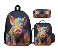 WECECE School Backpack Pig with Lunch Tote Colourful Piglet Pencil Case for Students Age 10 Year 5, Lightweight Carry Collection for Family Trips and Outdoor Lessons