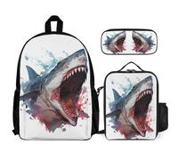 WECECE School Backpack Shark Set 3 Piece Bag Bundle with Backpack Sea Life Lunch Bag and Pencil Case for Teen Students 8-11 Years Year 8-10 Daily Carry