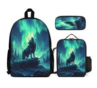WECECE School Backpack Wolf Set with Lunch Bag Pencil Case Animal Wolve 3 Pieces for Boys Girls 10-12 Years Year 5-6, Matching Student Gear for Outdoor Learning and Sports