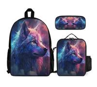 WECECE School Backpack Wolves 3 Piece Set with Lunch Tote Animal Wolf Pencil Case for Kids 9-11 Years Year 4-5, Organised Carry Bundle for Learning and Outdoor Activities