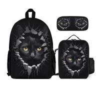 WECECE School Bag Black Cat 3 Piece Collection with Lunch Box 3D Kitten Pencil Case for Students 13-15 Years Year 8-10, Lightweight Carry Set for School Travel