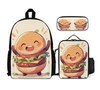WECECE School Bag Burger Print 3pcs Set with Insulated Lunch Tote Food Pattern & Pencil Case for Girls Boys Age 8 Year 3, Organised Bundle for Daily Learning Holidays and Sports