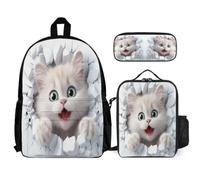 WECECE School Bag Cat Set 3 Piece Bag Bundle with Backpack 3D Kitten Lunch Tote and Pencil Case for Teen Students Year 6-7, Everyday Secondary Carry Gear