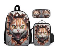 WECECE School Bag Cat Set with Lunch Bag and Pencil Case Kitten 3D Theme for Boys Girls 9-11 Years Year 4-5, Organised Student Bundle for Sports Practice and Study