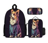 WECECE School Bag Corgi with Pencil Case and Lunch Bag Animal Puppy for Teens Age 11 Year 6, Everyday Carry Collection for Secondary Lessons Holidays and Activities