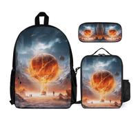 WECECE School Bag Flames Basketball with Lunch Bag Basketball Pencil Case for Students Age 13 Year 8, Lightweight Organiser for Outdoor Carry and Family Day Trips
