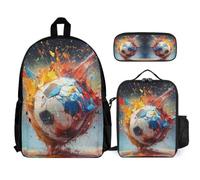 WECECE School Bag Football with Lunch Bag and Pencil Case for Kids Age 8, Book Pack Soccer 3D 3 Piece Set Year 5 for Boys Sports Clubs and Holidays