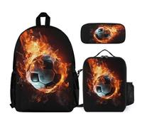 WECECE School Bag Football with Lunch Bag Flame Soccer Pencil Case for Students Age 13 Year 8, Lightweight Organiser for Outdoor Carry and Family Day Trips