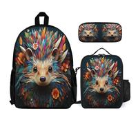 WECECE School Bag Hedgehog with Lunch Bag and Pencil Case for Kids Age 8, Book Pack Animal Print 3 Piece Set Year 5 for Boys Sports Clubs and Holidays