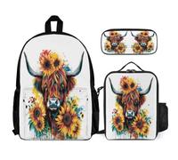 WECECE School Bag Highland Cow School Supplies Bundle with Lunch Box Animal Bull Print Pencil Case for Boys Girls 11-13 Years Year 6-7, Practical Student Carry Organiser