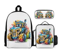 WECECE School Bag Mechanical Engineering Vehicle 3pcs Set with Insulated Lunch Tote Tractor & Pencil Case for Girls Boys Age 8 Year 3, Organised Bundle for Daily Learning Holidays and Sports