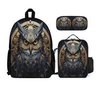 WECECE School Bag Owl with Lunch Bag and Pencil Case for Kids Age 8, Book Pack Bird Theme 3 Piece Set Year 5 for Boys Sports Clubs and Holidays