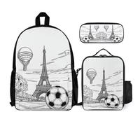 WECECE School Bag Paris Tower with Lunch Box Pencil Case for Kids 9-11 Years, School Backpack Football with Pencil Case and Lunch Bag Year 4-6 for Young Learners Daily Carry and Trips