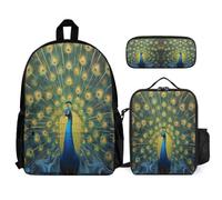 WECECE School Bag Peacock School Supplies Bundle with Lunch Box Animal Theme Pencil Case for Boys Girls 11-13 Years Year 6-7, Practical Student Carry Organiser