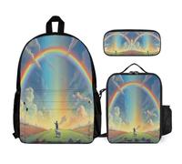 WECECE School Bag Rainbow 3 Piece Collection with Lunch Box Colourful Landscape Pencil Case for Students 13-15 Years Year 8-10, Lightweight Carry Set for School Travel