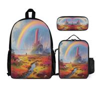 WECECE School Bag Rainbow School Supplies Bundle for Girls 9-11 Years, Bookbag Colourful Landscape 3 Piece Set Year 1 for Boys Outdoor Learning and Travel