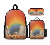 WECECE School Bag Rainbow Set with Lunch Tote and Pencil Case for Children 6-8 Years, Schoolbag Colourful Landscape with Pencil Case and Lunch Bag Year 4-6 for Girls Outdoor Learning Travel