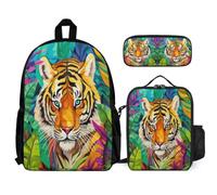WECECE School Bag Tiger School Supplies Bundle with Lunch Tote Animal Theme Pencil Case for Children Age 8 Year 3, Everyday Collection for Lessons and Travel