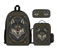 WECECE School Bag Wolf 3 Piece Collection with Lunch Box Animal Wolve Pencil Case for Students 13-15 Years Year 8-10, Lightweight Carry Set for School Travel