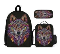 WECECE School Bag Wolf 3 Piece Collection with Lunch Box Animal Wolve Pencil Case for Students 13-15 Years Year 8-10, Lightweight Carry Set for School Travel