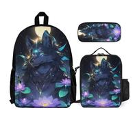 WECECE School Bag Wolf 3pcs Set with Insulated Lunch Tote Wolve Animal & Pencil Case for Girls Boys Age 8 Year 3, Organised Bundle for Daily Learning Holidays and Sports