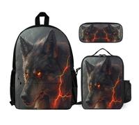 WECECE School Bag Wolf with Lunch Bag and Pencil Case for Kids Age 8, Book Pack Animal Wolve 3 Piece Set Year 5 for Boys Sports Clubs and Holidays