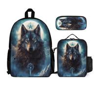 WECECE School Bag Wolf with Lunch Bag Animal Wolve Pencil Case for Students Age 13 Year 8, Lightweight Organiser for Outdoor Carry and Family Day Trips