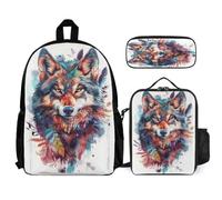 WECECE School Bag Wolf with Lunch Box Pencil Case for Kids 9-11 Years, School Backpack Animal Wolve with Pencil Case and Lunch Bag Year 4-6 for Young Learners Daily Carry and Trips