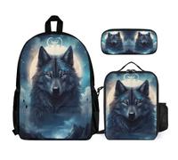 WECECE School Bag Wolf with Lunch Box Pencil Case for Kids 9-11 Years, School Backpack Animal Wolve with Pencil Case and Lunch Bag Year 4-6 for Young Learners Daily Carry and Trips